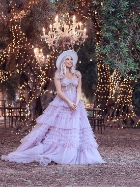 Andre and Leo Lavender Ruffled Tulle Gown with Corset Bodice